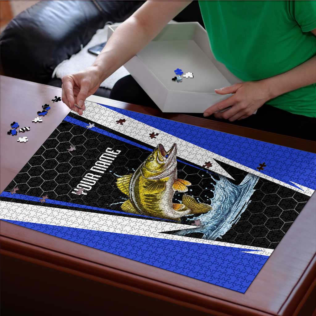 Custom Walleye Fishing Puzzle with Jumping Fish Splash and Blue Black Hexagon Pattern - Wonder Print Shop