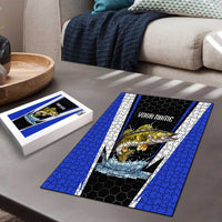 Custom Walleye Fishing Puzzle with Jumping Fish Splash and Blue Black Hexagon Pattern - Wonder Print Shop