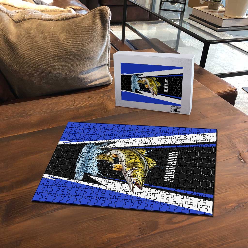 Custom Walleye Fishing Puzzle with Jumping Fish Splash and Blue Black Hexagon Pattern - Wonder Print Shop