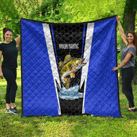 Custom Walleye Fishing Quilt with Jumping Fish Splash and Blue Black Hexagon Pattern - Wonder Print Shop