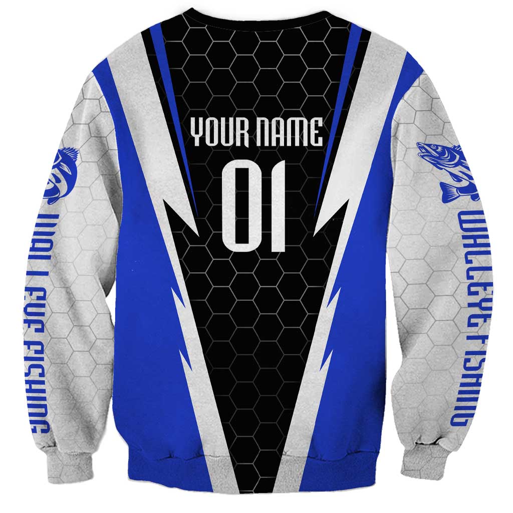 Custom Walleye Fishing Sweatshirt with Jumping Fish Splash and Blue Black Hexagon Pattern - Wonder Print Shop
