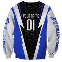 Custom Walleye Fishing Sweatshirt with Jumping Fish Splash and Blue Black Hexagon Pattern - Wonder Print Shop