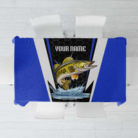 Custom Walleye Fishing Tablecloth with Jumping Fish Splash and Blue Black Hexagon Pattern - Wonder Print Shop