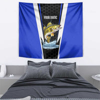 Custom Walleye Fishing Tapestry with Jumping Fish Splash and Blue Black Hexagon Pattern - Wonder Print Shop