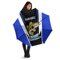 Custom Walleye Fishing Umbrella with Jumping Fish Splash and Blue Black Hexagon Pattern - Wonder Print Shop