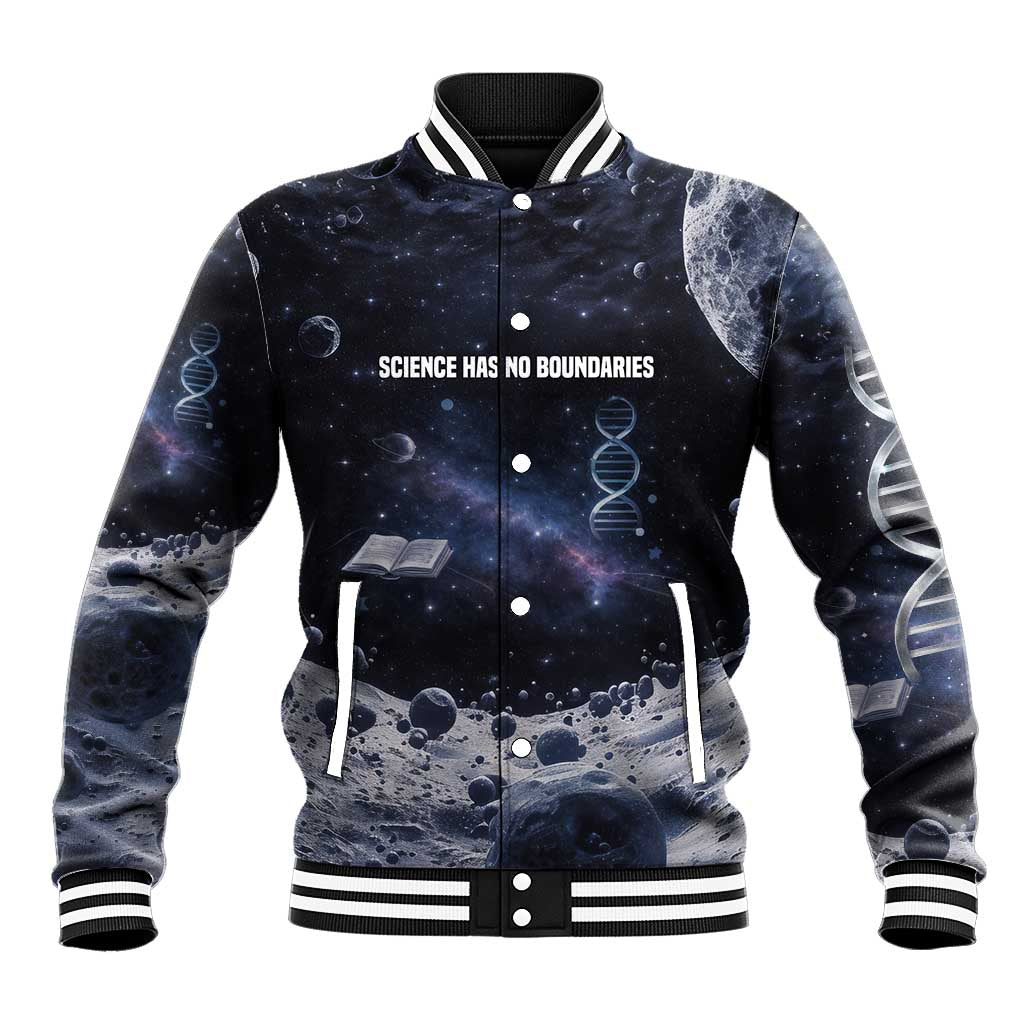 Mae Jemison Baseball Jacket with Space Portrait Design, Science Has No Boundaries Quote and DNA Book Elements - Wonder Print Shop