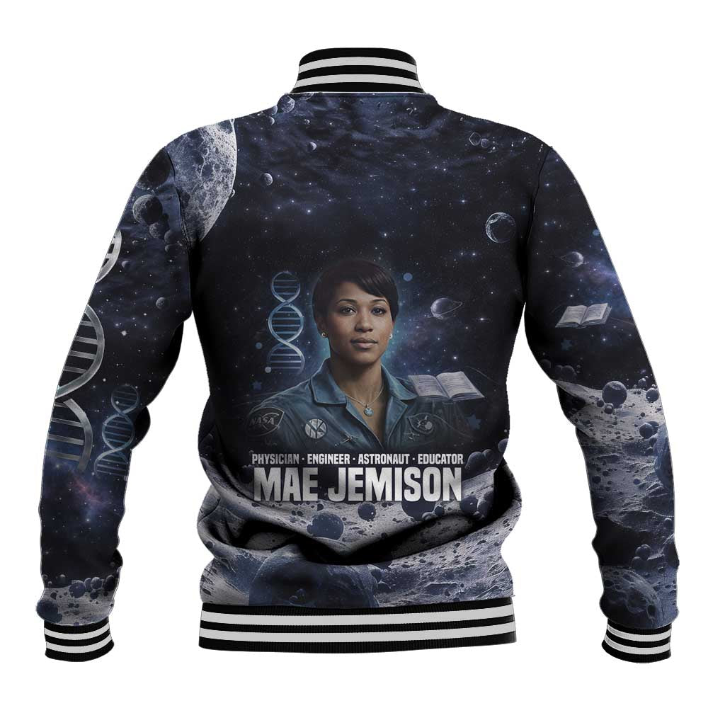 Mae Jemison Baseball Jacket with Space Portrait Design, Science Has No Boundaries Quote and DNA Book Elements - Wonder Print Shop