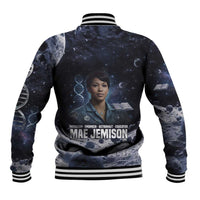 Mae Jemison Baseball Jacket with Space Portrait Design, Science Has No Boundaries Quote and DNA Book Elements - Wonder Print Shop