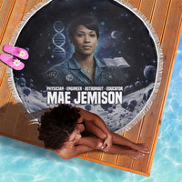 Mae Jemison Beach Blanket with Space Portrait Design, Science Has No Boundaries Quote and DNA Book Elements - Wonder Print Shop