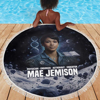 Mae Jemison Beach Blanket with Space Portrait Design, Science Has No Boundaries Quote and DNA Book Elements - Wonder Print Shop
