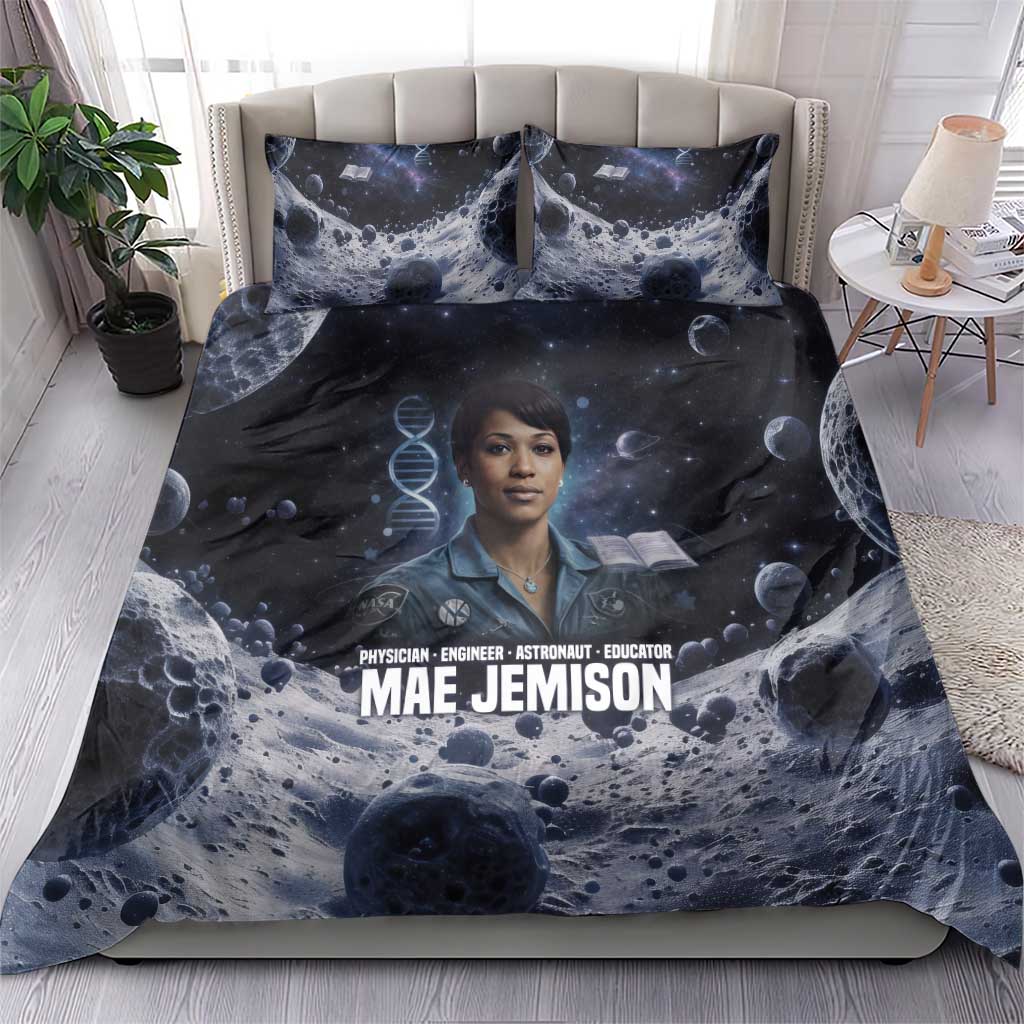 Mae Jemison Bedding Set with Space Portrait Design, Science Has No Boundaries Quote and DNA Book Elements - Wonder Print Shop