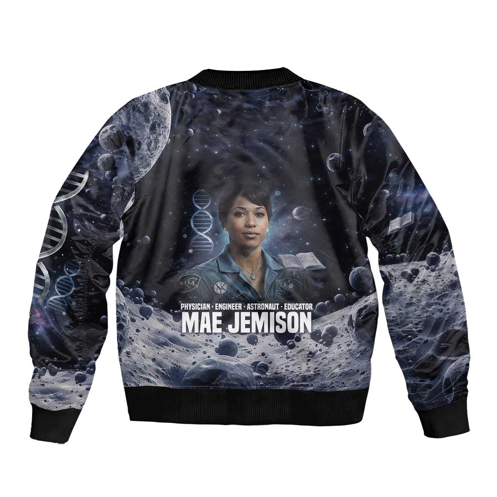 Mae Jemison Bomber Jacket with Space Portrait Design, Science Has No Boundaries Quote and DNA Book Elements - Wonder Print Shop