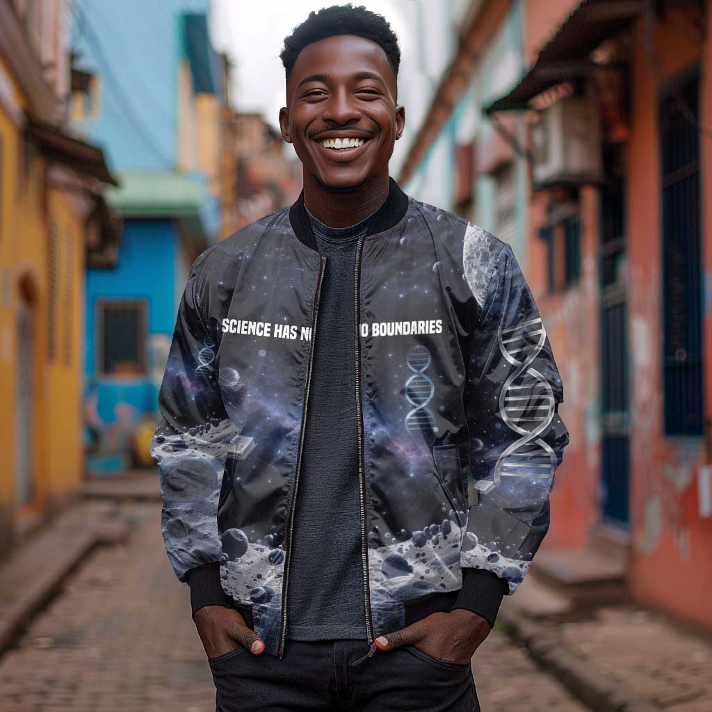 Mae Jemison Bomber Jacket with Space Portrait Design, Science Has No Boundaries Quote and DNA Book Elements - Wonder Print Shop