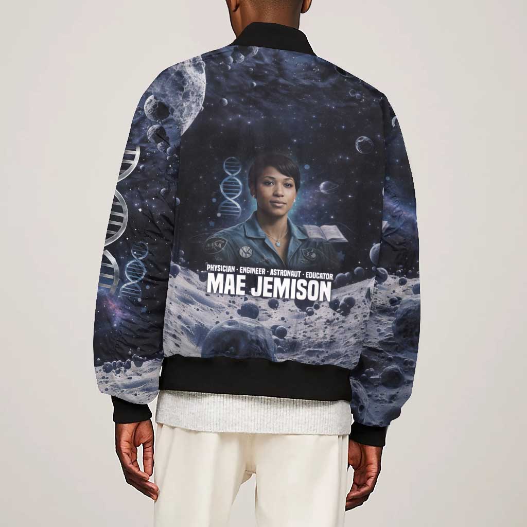 Mae Jemison Bomber Jacket with Space Portrait Design, Science Has No Boundaries Quote and DNA Book Elements - Wonder Print Shop