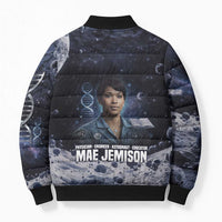 Mae Jemison Bomber Puffer Jacket with Space Portrait Design, Science Has No Boundaries Quote and DNA Book Elements - Wonder Print Shop