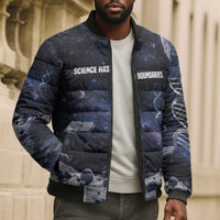 Mae Jemison Bomber Puffer Jacket with Space Portrait Design, Science Has No Boundaries Quote and DNA Book Elements - Wonder Print Shop