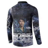 Mae Jemison Button Sweatshirt with Space Portrait Design, Science Has No Boundaries Quote and DNA Book Elements