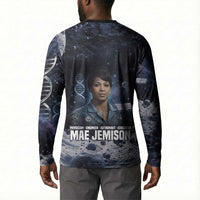 Mae Jemison Button Sweatshirt with Space Portrait Design, Science Has No Boundaries Quote and DNA Book Elements