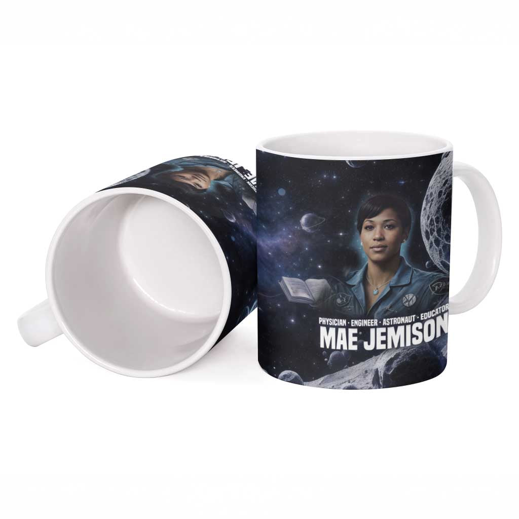 Mae Jemison Ceramic Mug with Space Portrait Design, Science Has No Boundaries Quote and DNA Book Elements - Wonder Print Shop