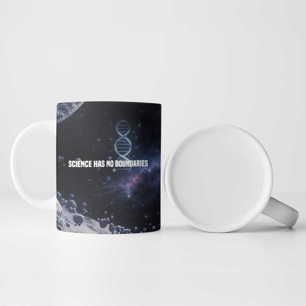Mae Jemison Ceramic Mug with Space Portrait Design, Science Has No Boundaries Quote and DNA Book Elements - Wonder Print Shop