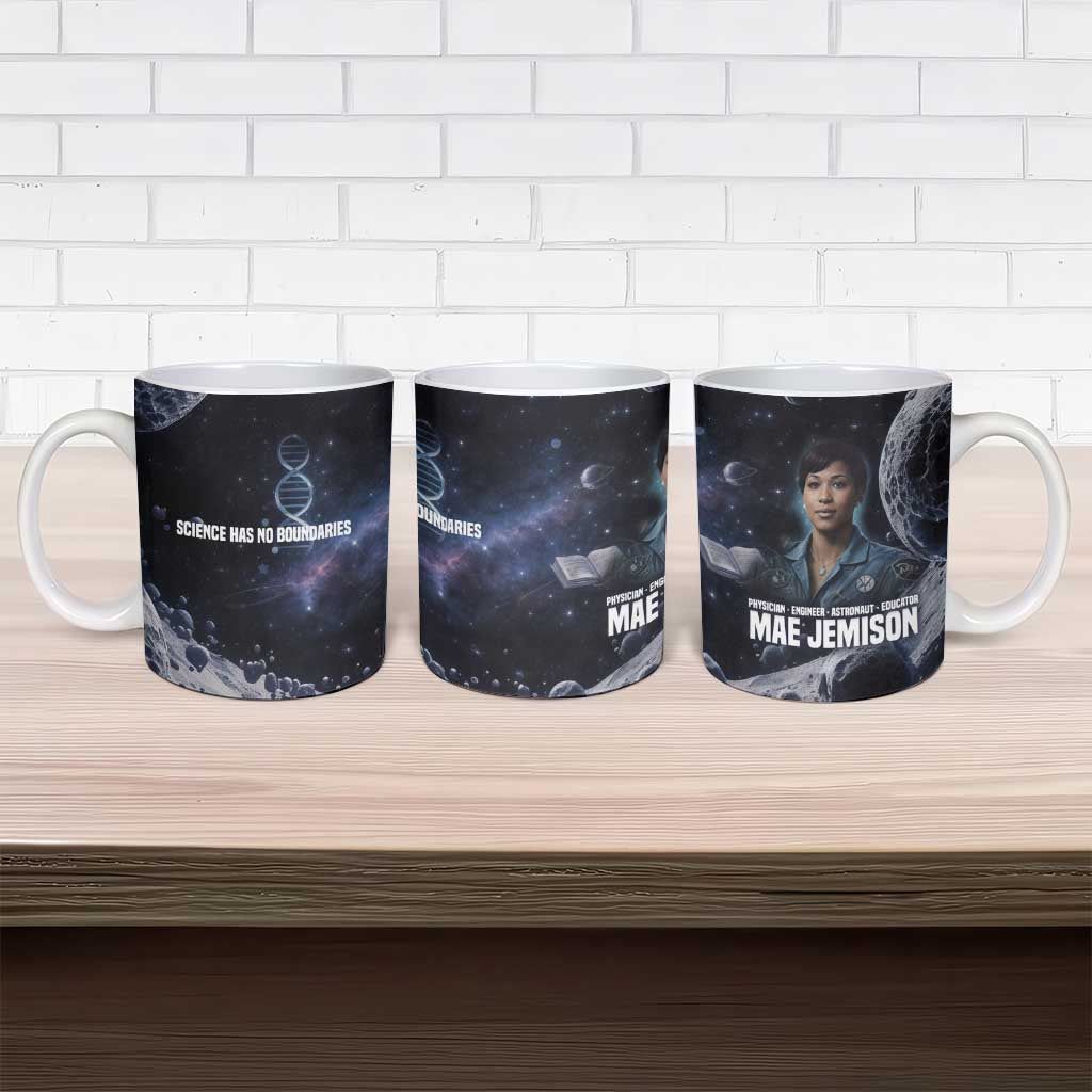 Mae Jemison Ceramic Mug with Space Portrait Design, Science Has No Boundaries Quote and DNA Book Elements - Wonder Print Shop