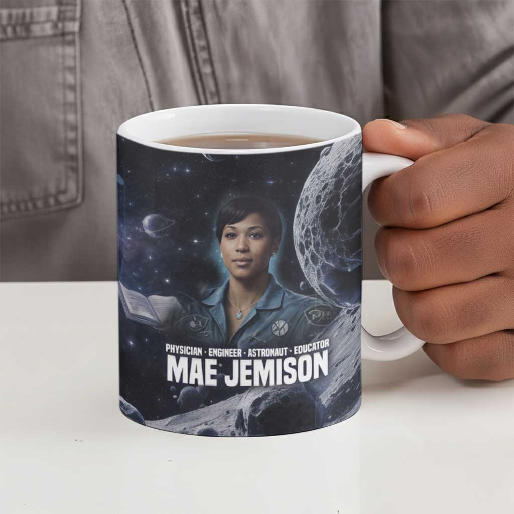 Mae Jemison Ceramic Mug with Space Portrait Design, Science Has No Boundaries Quote and DNA Book Elements - Wonder Print Shop