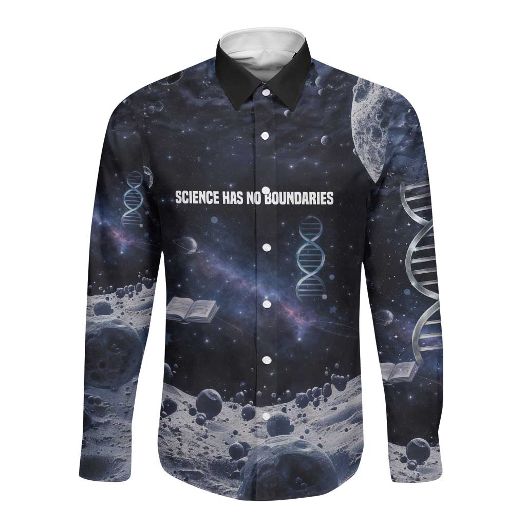 Mae Jemison Long Sleeve Button Shirt with Space Portrait Design, Science Has No Boundaries Quote and DNA Book Elements - undefined