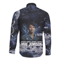 Mae Jemison Long Sleeve Button Shirt with Space Portrait Design, Science Has No Boundaries Quote and DNA Book Elements - undefined