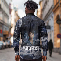 Mae Jemison Long Sleeve Button Shirt with Space Portrait Design, Science Has No Boundaries Quote and DNA Book Elements - undefined