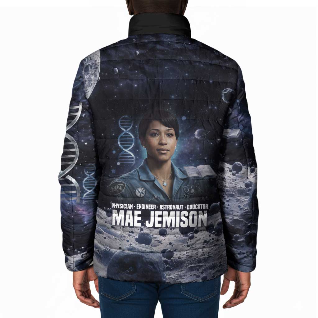 Mae Jemison Padded Jacket with Space Portrait Design, Science Has No Boundaries Quote and DNA Book Elements - Wonder Print Shop