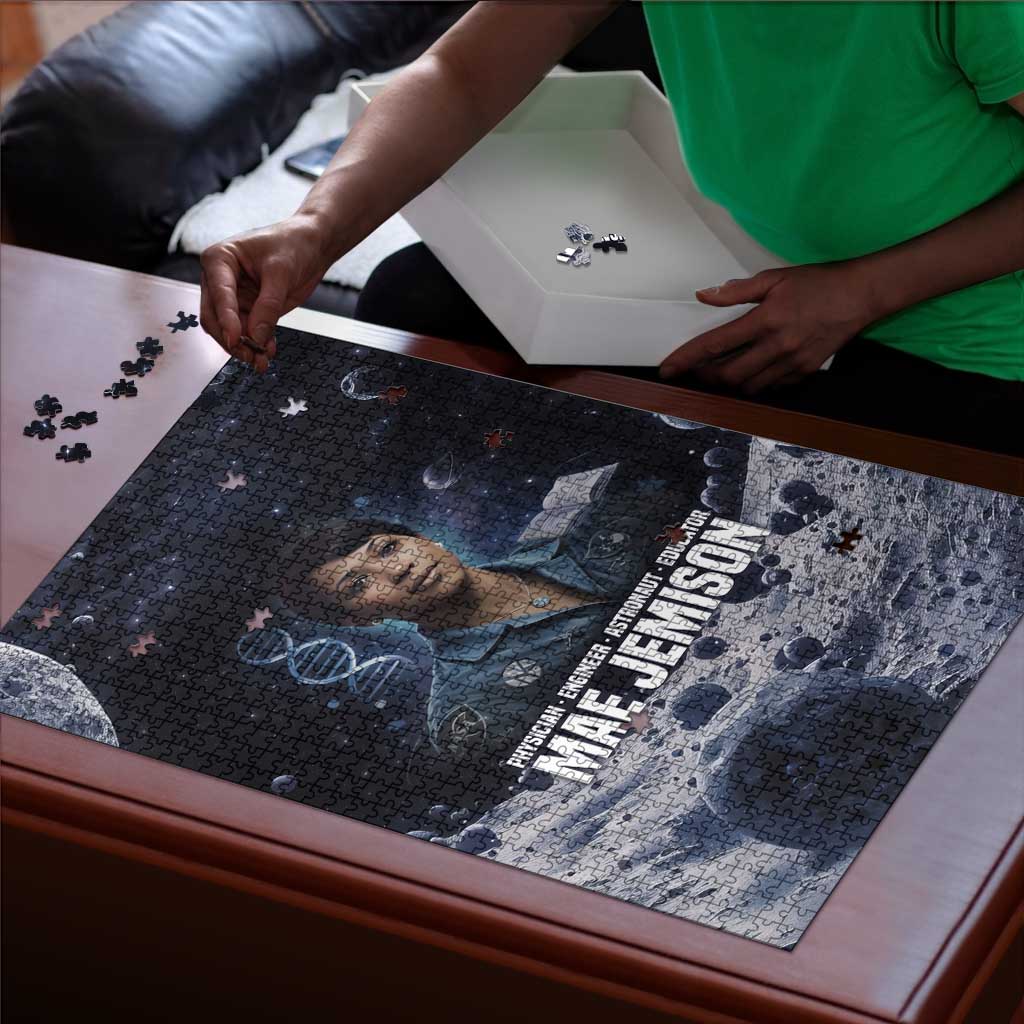Mae Jemison Puzzle with Space Portrait Design, Science Has No Boundaries Quote and DNA Book Elements - Wonder Print Shop