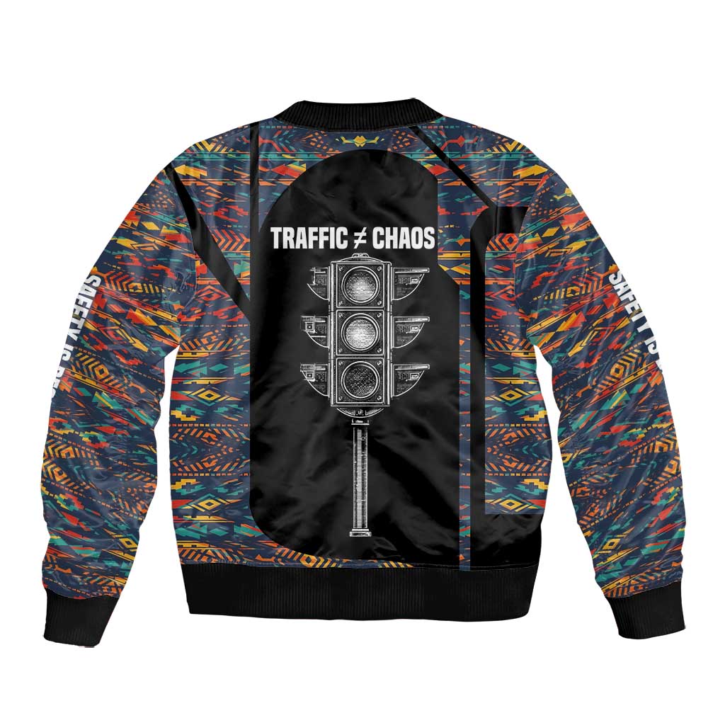 Garrett Morgan Bomber Jacket with Full Body Portrait, Stop Wait Go Quote, Traffic Light Design - Wonder Print Shop