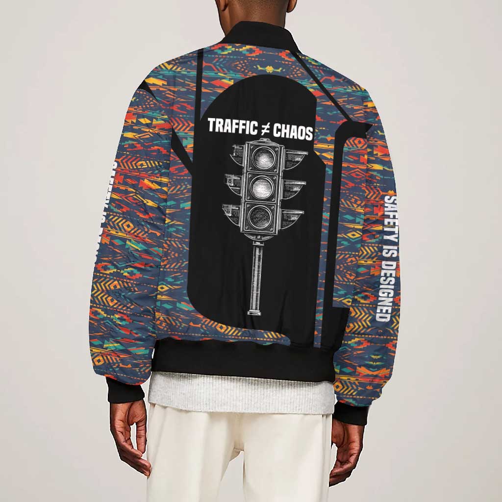 Garrett Morgan Bomber Jacket with Full Body Portrait, Stop Wait Go Quote, Traffic Light Design - Wonder Print Shop