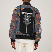 Garrett Morgan Bomber Jacket with Full Body Portrait, Stop Wait Go Quote, Traffic Light Design - Wonder Print Shop