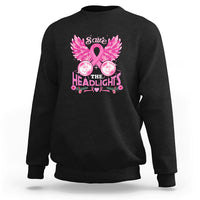 Black crewneck sweatshirt with pink ribbon, wings, and “Save the Headlights” graphic