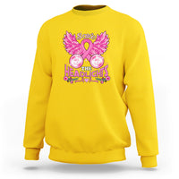 Daisy yellow crewneck sweatshirt with pink ribbon, wings, and “Save the Headlights” graphic