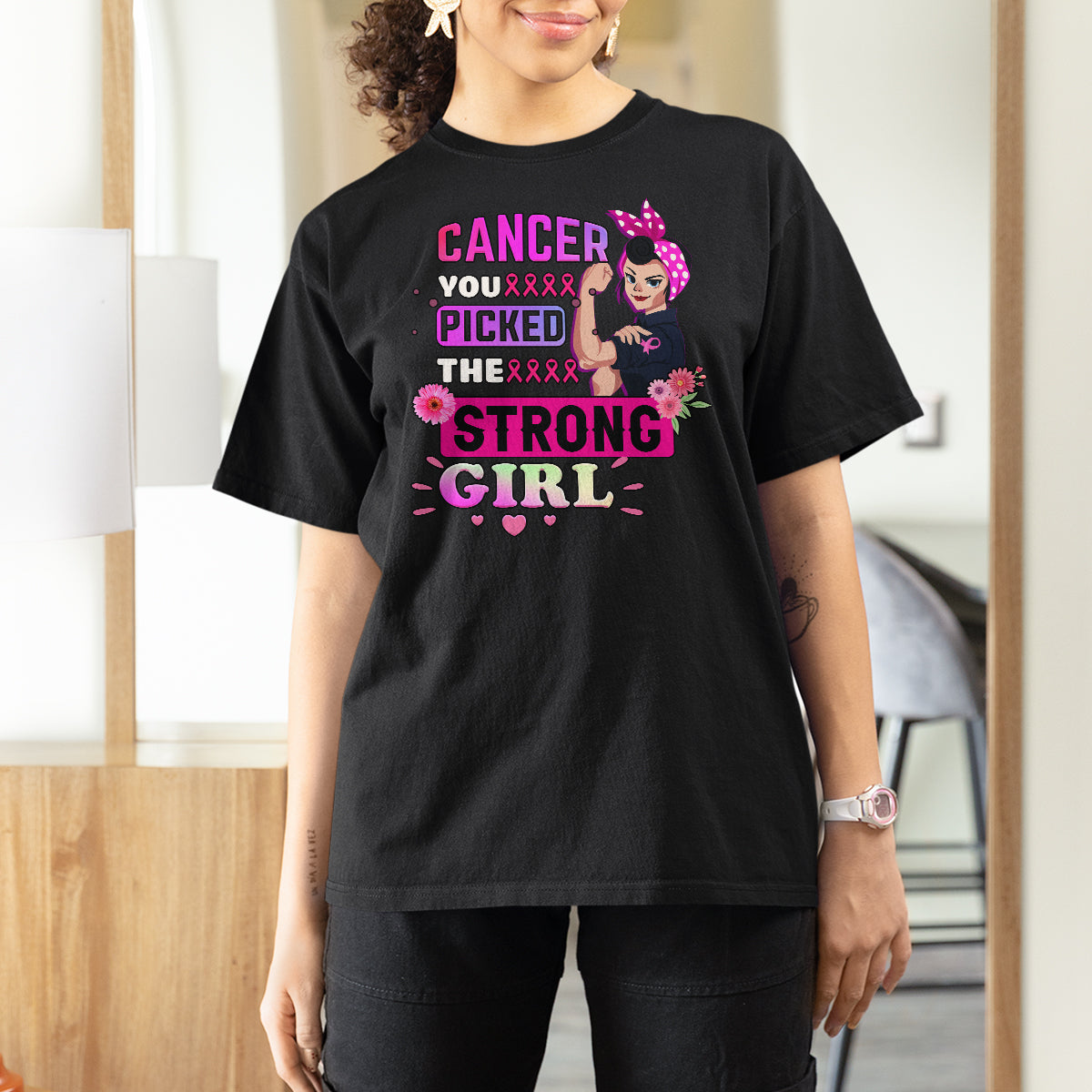 Breast Cancer Awareness T Shirt For Women Cancer You Picked The Strong Girl - Wonder Print Shop