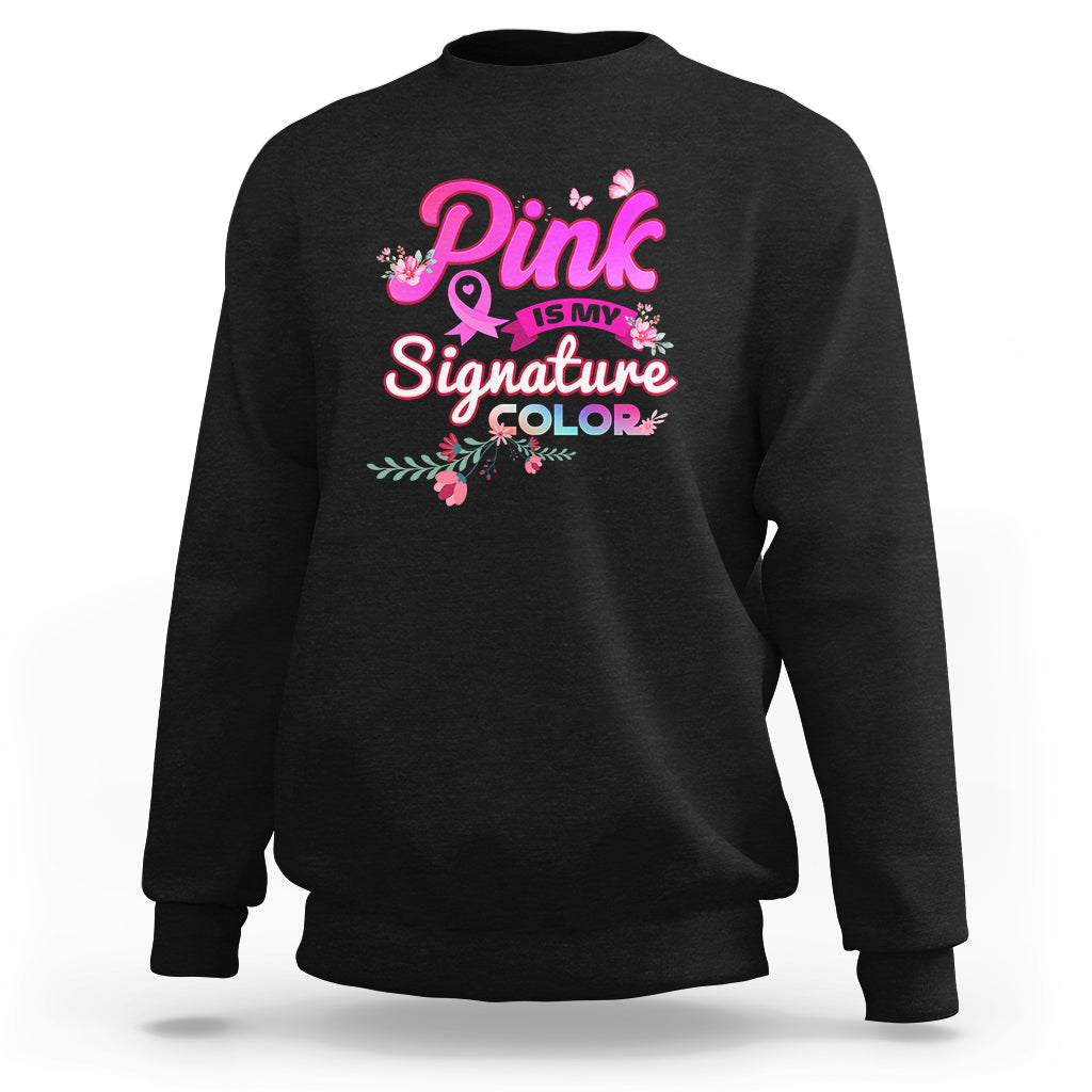 Dark charcoal crewneck sweatshirt with pink ribbon floral 'Pink Signature Color' graphic