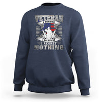 Navy veteran sweatshirt with large patriotic “VETERAN SERVED…REGRET NOTHING” graphic