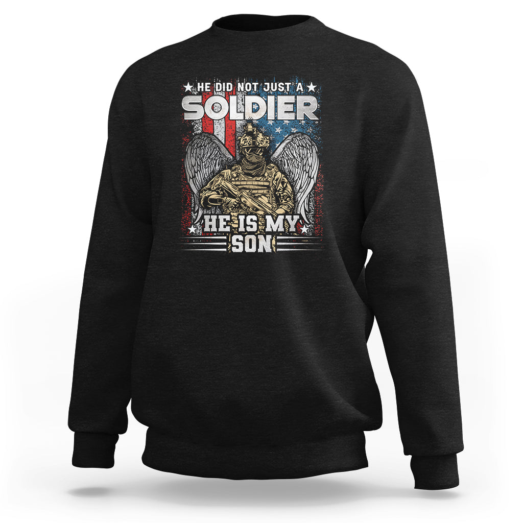 Black veteran sweatshirt with front soldier graphic and 'He is My Son' text