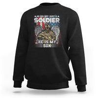 Black veteran sweatshirt with front soldier graphic and 'He is My Son' text
