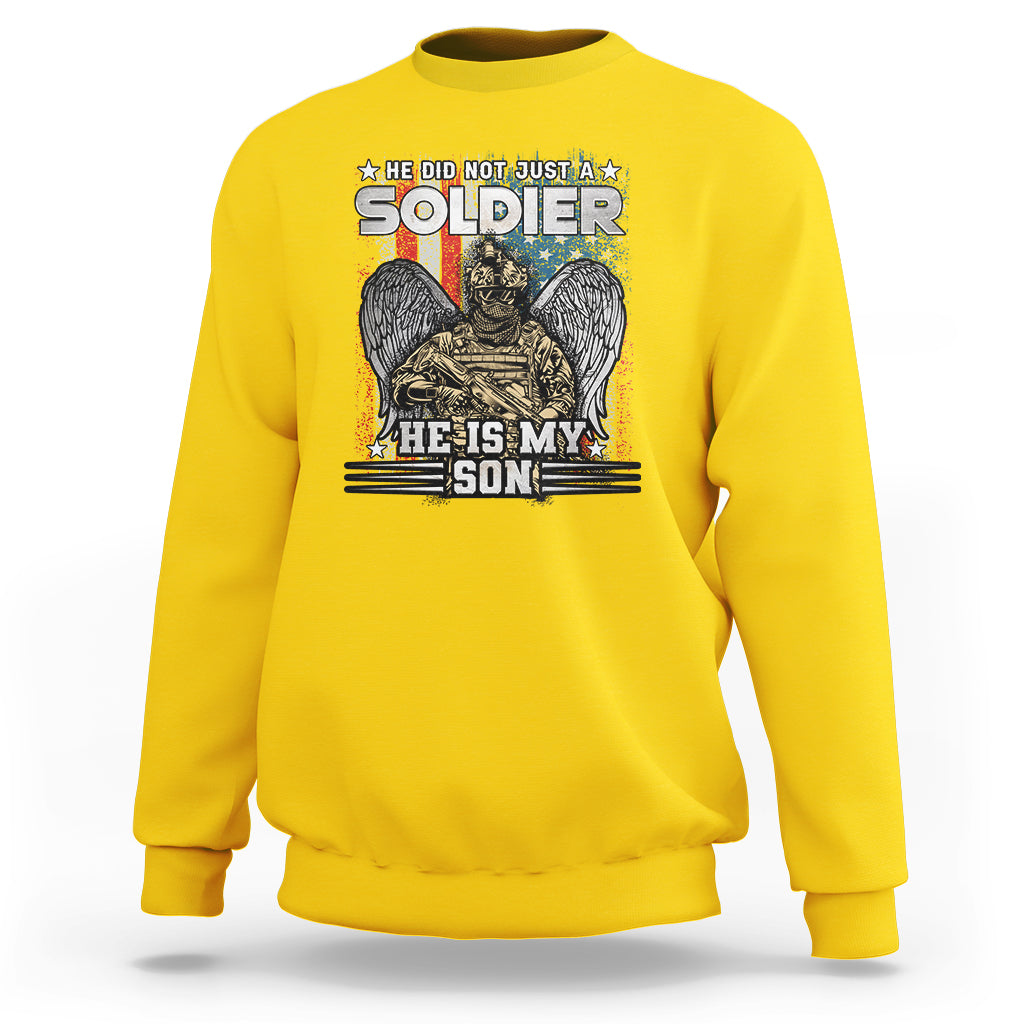 Daisy yellow veteran sweatshirt with front soldier graphic and 'He is My Son' text