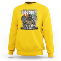 Daisy yellow veteran sweatshirt with front soldier graphic and 'He is My Son' text