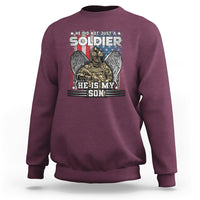 Maroon veteran sweatshirt with front soldier graphic and 'He is My Son' text