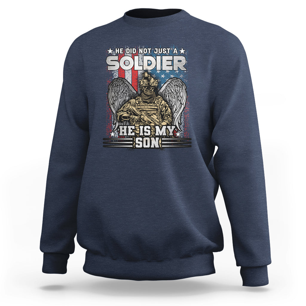 Navy veteran sweatshirt with front soldier graphic and 'He is My Son' text