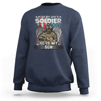 Navy veteran sweatshirt with front soldier graphic and 'He is My Son' text