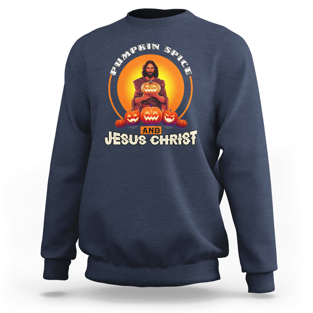 Navy Christian sweatshirt with pumpkin spice and Jesus Christ front graphic