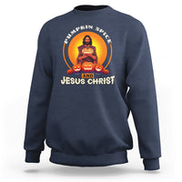 Navy Christian sweatshirt with pumpkin spice and Jesus Christ front graphic