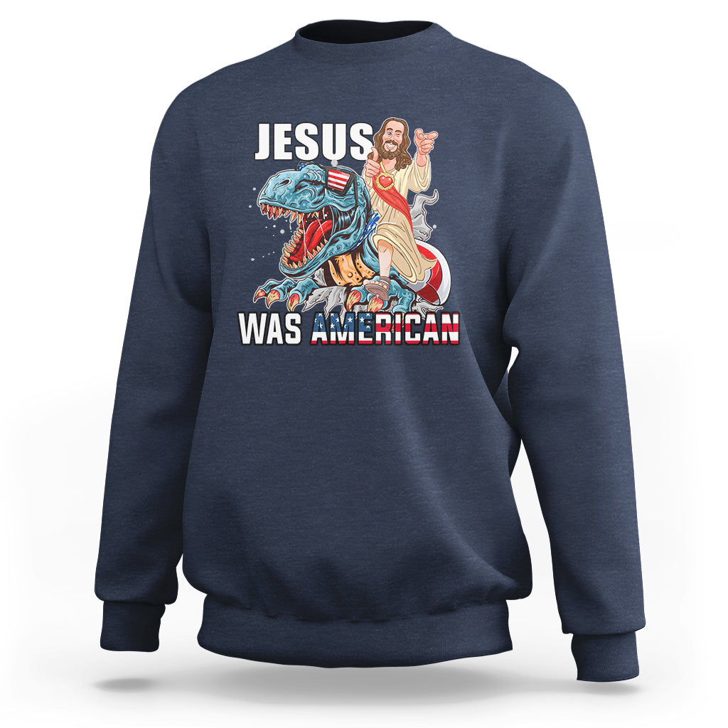 Navy crewneck sweatshirt with Jesus 'Was American' front graphic