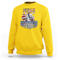 Daisy yellow crewneck sweatshirt with front “Jesus Is My Superhero” graphic